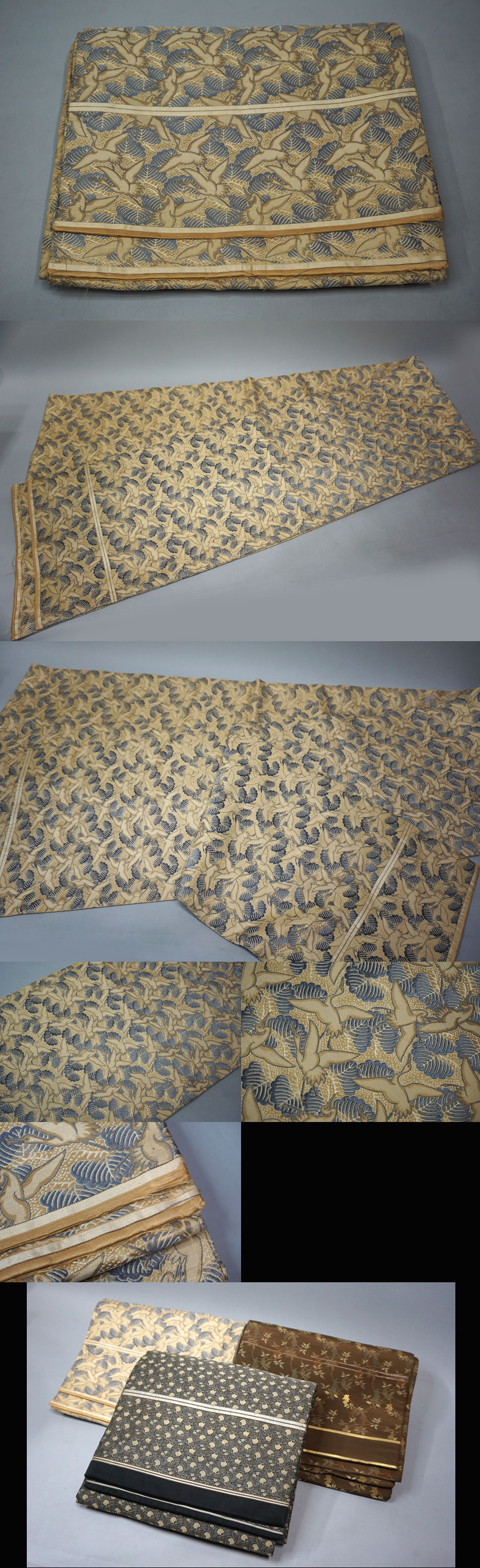 明治期頃 正絹 帯まとめて3点 古布 丸帯 袋帯 鶴/葡萄/蔓草紋